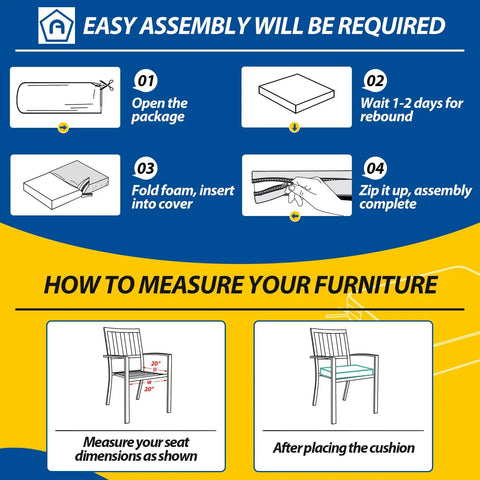 Instruction guide for assembling and measuring Outdoor Chair Seat Cushions Set Of 2 Waterproof And Fade Resistant 20 By 20 By 3 Inches Navy Blue