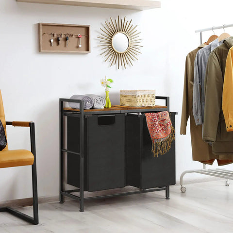 Two Section Laundry Hamper With Pull Out Dual 45L Bags And Wooden Shelf Removable Washable Sorter Bags Metal Frame, in room view.