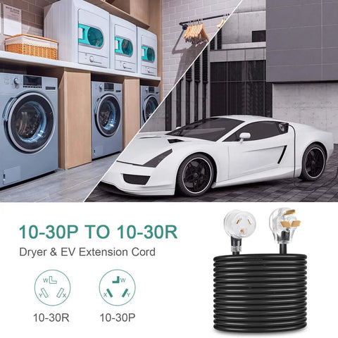 Dryer Extension Cord 3 Prong 50 Feet Heavy Duty NEMA 10-30P To 10-30R With Lighted End 125V 250V UL Listed for home and EV use