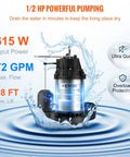 1/2 HP Submersible Sump Pump With Stainless Steel Surface, 10 Ft Power Cord, 1-1/2 Inch NPT Discharge, Auto Float Switch, Quiet Copper Motor, Indoor Outdoor Water Drain, Lifts Water Up To 28 Feet, Moves 4320 GPH, shown in action with water splash effect