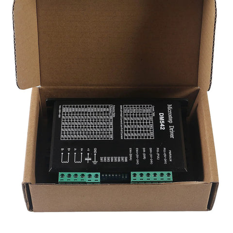 2-pack DM542 microstep driver modules in black housings with green terminal blocks inside a cardboard box