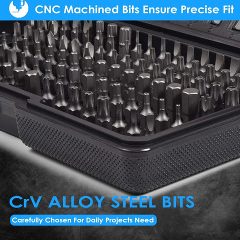 CrV alloy steel bits from the 133In1 Mini Ratchet Wrench Screwdriver Bit Set With Quarter Inch Hex Shank Magnetic Bit Holder And 90 Degree Drive Handle.