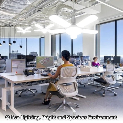 Modern office with LED ceiling lights, open workspace, and large windows providing natural daylight