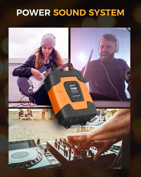 On The Go 750W Car Power Inverter With 2 AC Outlets And Dual USB Ports shown in use with musical equipment