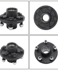 Trailer hub kit with 4.5in BT16 square spindle, black cast iron, 5-lug pattern, front view
Top view of 4.5in trailer hub kit with BT16 spindle and bearing, black metal
Side view of 4.5in trailer hub kit with BT16 square spindle, black finish
Bottom view of hub flange with 5-bolt pattern and central bore for 4.5in BT16 trailer hub kit