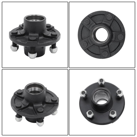 Trailer hub kit with 4.5in BT16 square spindle, black cast iron, 5-lug pattern, front view
Top view of 4.5in trailer hub kit with BT16 spindle and bearing, black metal
Side view of 4.5in trailer hub kit with BT16 square spindle, black finish
Bottom view of hub flange with 5-bolt pattern and central bore for 4.5in BT16 trailer hub kit