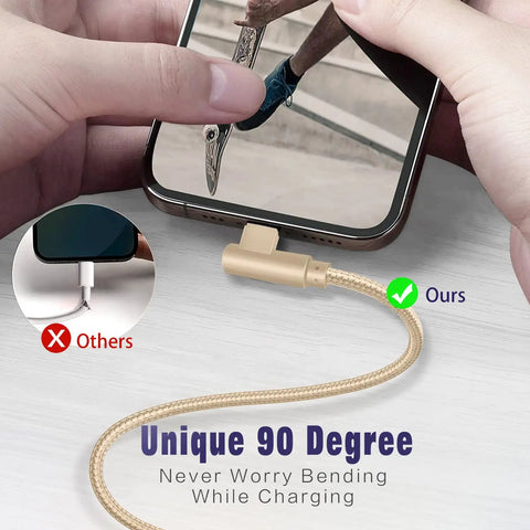 3 Pack 6 Foot Lightning Cables With 90 Degree Connectors, Apple MFi Certified iPhone Chargers For Fast Charge Up To 2.4A And 480 Mbps Data Transfer, Durable Nylon Braided Cords For Everyday Use, 90-degree charging cable