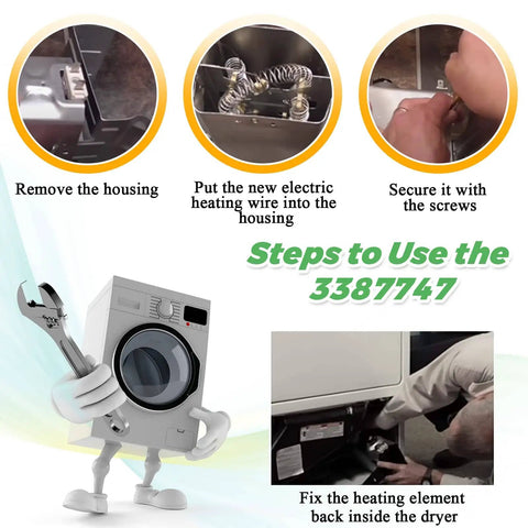 Steps to use the 3387747 Dryer Heating Element Replacement with installation process illustrations for Kenmore Whirlpool Maytag dryers