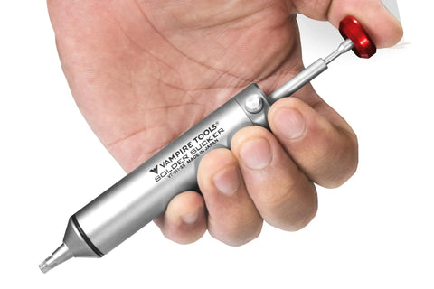Hand holding Pro Grade Solder Sucker Desoldering Pump With Elastic Silicone Nozzle High Power Vacuum Heavy Duty Solder Removal Tool
