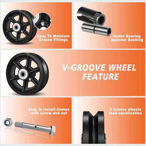 Six By Two Inch Cast Iron V Groove Wheel With Precision Roller Bearing For Heavy Duty Sliding Gate And Track Jobs built tough close-up showing grease fitting and features.
