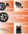 Built Tough Cast Iron V Groove Track Wheels With Precision Roller Bearings For Heavy Hauling Industrial Carts And Smooth Gliding Gate Replacement Systems 6 Inch Black 4 Pack showcase with features and components.