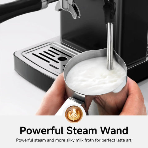 Premium 58Mm Espresso Coffee Machine Built Different With A High Octane 20 Bar Pump And Sleek Black Stainless Steel Frame for frothing milk.