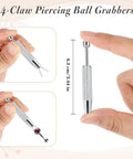 9 Piece Stainless Steel Piercing Tool Kit With Ball Grabber And Clamps, 4 Claw Grabber, close-up in hand, 6.2 cm length.