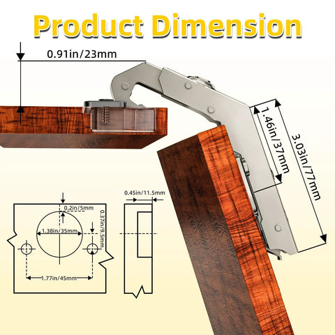 Dimensions of Smooth Operator 135 Degree Lazy Susan Hinges For Corner Cabinets with sizes in inches and millimeters.