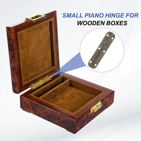 Top Shelf Rock Solid 180 Degree Mini Piano Hinges For Small Jewelry Wooden Boxes With Screws Dead Smooth Operation Heavy Duty Metal Craft Hardware Bronze Tone Pack Of Four showcased on a wooden box.