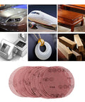 Super Cool 5 inch Mesh Sanding Discs With Hook And Loop Backing, 240 Grit Fine Aluminum Oxide For Wood and Metal Project Dust Free Set of 50, displayed with various surfaces.