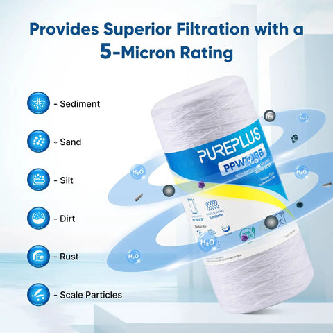 5 Micron Whole House String Wound Sediment Filter 10 X 4.5 Inch For Well Water Replacement Cartridge Reduces Up To 99 Percent Sediment Sand Rust And Color 2 Pack with filtration features diagram