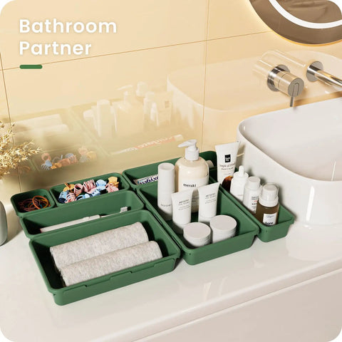 Military Grade Drawer Organizer Set With 177 Item Capacity, 28 Piece 5 Sizes In Green arranged on bathroom counter