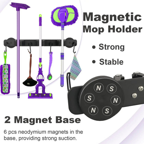 Heavy Duty Magnetic Mop Broom Holder With Swivel Hooks For Cleaning Tools Neodymium Magnet Mount Tool Hanger No Slip Storage Rack For Kitchen Laundry Garage And Refrigerator Organization showing mops and brooms hung.