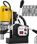 Heavy Duty 1100W Magnetic Drill Press For Metal, Portable Benchtop Coring Machine with 11 precision bits and control panel.