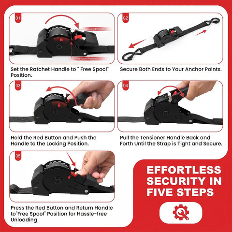 Heavy Duty Retractable Ratchet Straps 1 Inch By 10 Foot 4 Pack 1650 Lb Breaking Strength Rust Resistant Cargo Tie Downs instructional steps