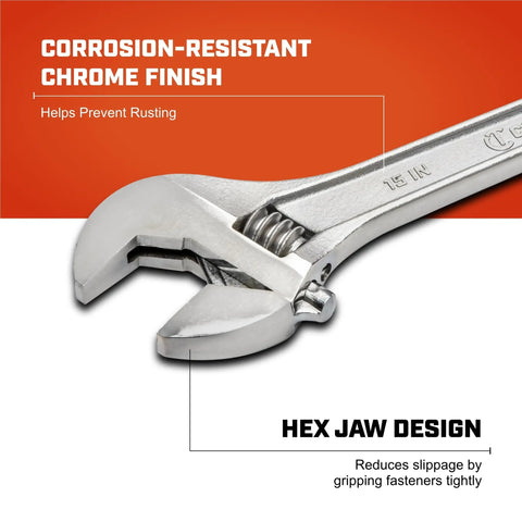 Adjustable Tapered Handle Wrench With Hex Jaw Design For Secure Grip, Ergonomic Comfort, And Precise Tightening, 15 Inch Length