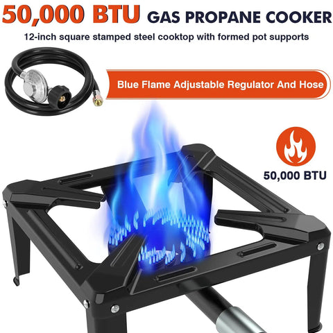 Heavy Duty Portable Propane Camping Stove With 65 Lb Support Single Burner Outdoor Gas Stove showing blue flame and regulator hose