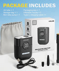 Mini Electric Bike Pump On The Go With 30 Second Fast Inflate And 150 PSI High Pressure Gauge Presta And Schrader Valves package contents