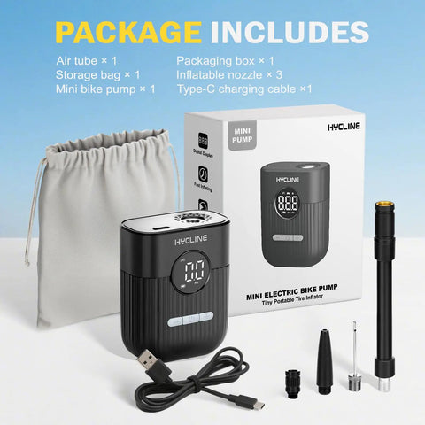 Mini Electric Bike Pump On The Go With 30 Second Fast Inflate And 150 PSI High Pressure Gauge Presta And Schrader Valves package contents