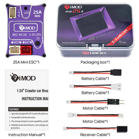Beefy 25A Waterproof Micro Brushed ESC for SCX24 1x24 and TRX4M 1x18 RC Crawlers product kit contents including ESC, cables, and manual.