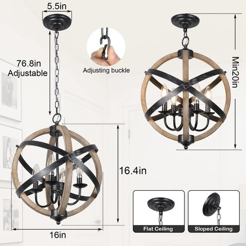 Cozy Rustic Farmhouse 4 Light Chandelier With Height Adjustable Design, wood frame and black chain, 16 inches diameter