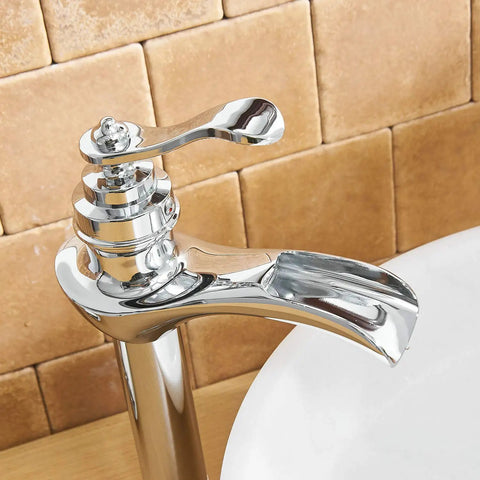 Chrome Vessel Sink Faucet With Waterfall Spout Pop Up Drain Supply Hose And Single Handle Lavatory Mixer Tap For Tall Body Bathroom Setup Slick Solid Brass Build With Ceramic Cartridge For Leak Free Performance close-up