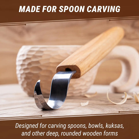 Right Handed Spoon Carving Hook Knife, Slick Curved Whittling Blade For Kuksa Cups And Wooden Bowls displayed on wooden surface.
