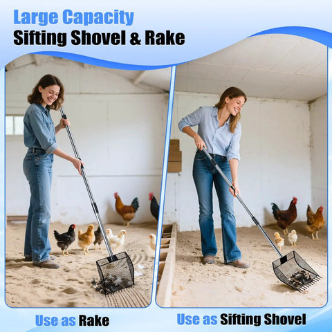 Woman using Waist Friendly No Bend 2 In 1 Chicken Poop Scooper And Rake With Adjustable Stainless Steel Handle in chicken coop.