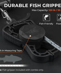 WeighMaster Mechanical Digital Fishing Scale With Lip Gripper 120 Lb Capacity showing durable fish gripper and measuring tape