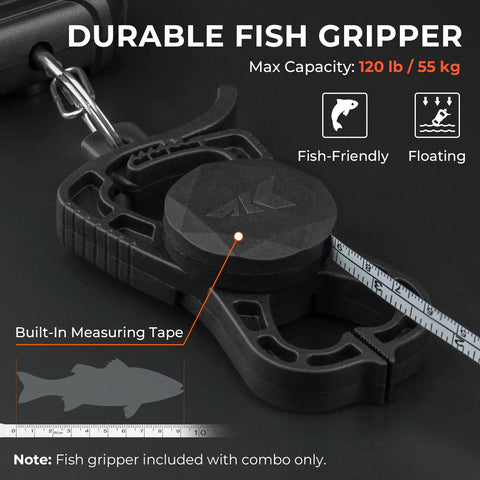 WeighMaster Mechanical Digital Fishing Scale With Lip Gripper 120 Lb Capacity showing durable fish gripper and measuring tape