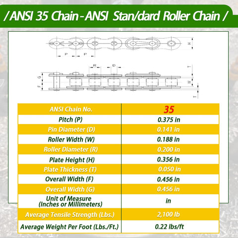 Diagram and specifications for ANSI 35 chain with detailed measurements in inches and millimeters.
