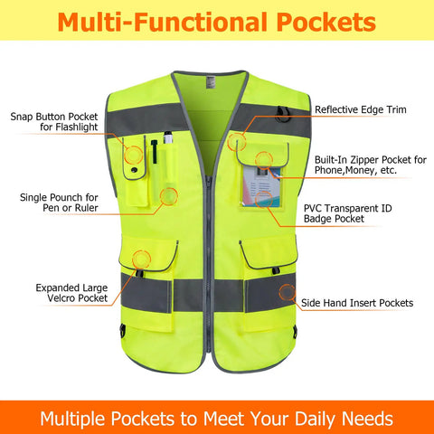 High Visibility Safety Vest For Men And Women With 9 Pockets, Reflective Strips For 360 Degree Night Visibility, ANSI ISEA Approved Work Vest In Yellow, X Large All Day Comfort Lightweight Rugged Utility Vest For Construction And Outdoor Jobs, detailed view of pockets.