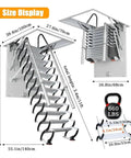 Heavy Duty Electric Pull Down Attic Ladder Featuring Rock Solid Handrails And Smooth Telescopic Ceiling Mount For A Dead Easy Loft Upgrade That Is A Total Game Changer size display with dimensions and details of steps.