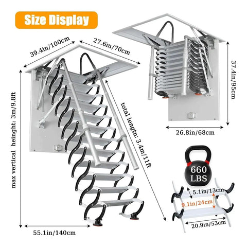 Heavy Duty Electric Pull Down Attic Ladder Featuring Rock Solid Handrails And Smooth Telescopic Ceiling Mount For A Dead Easy Loft Upgrade That Is A Total Game Changer size display with dimensions and details of steps.