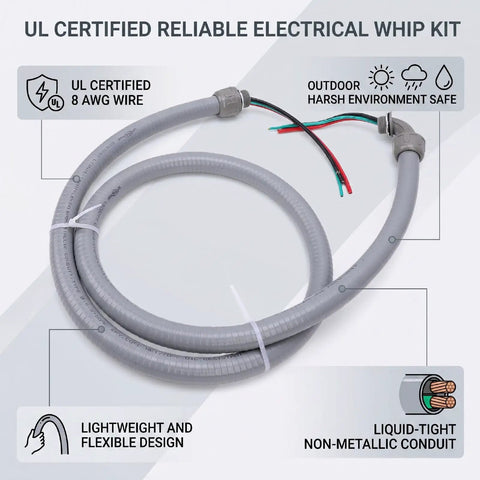 Non Metallic Liquid Tight Conduit Whip Kit 6Ft Coded Cable 8Awg 3Conductor Copper Wire flexible design for outdoor use.