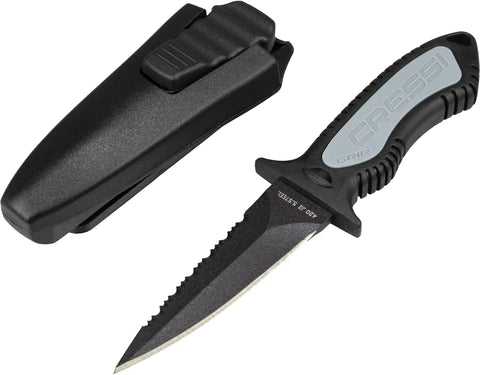 Rugged Grip Diving Knife With 175 Mm Double Edged Spear Point Blade Serrated On One Side Black Finish Japanese 420 Stainless Steel