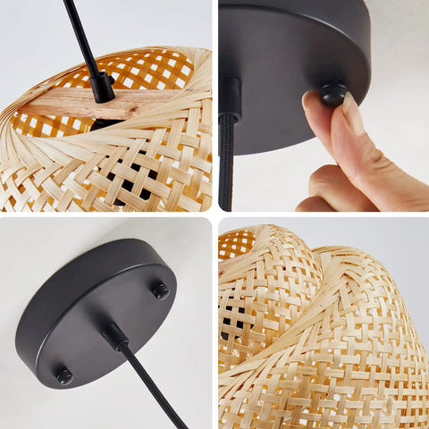 Hand Woven Boho Bamboo Pendant Light With Rattan Coastal Charm, adjustable wicker shade and black canopy components
