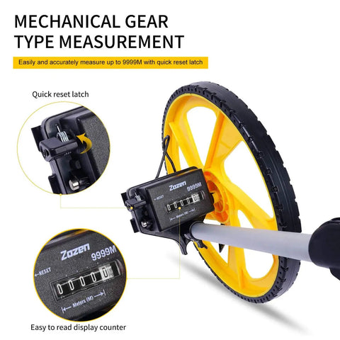 Foldable Measuring Wheel In Meters Up To 9,999m With Backbag One Button Reset Kickstand Starting Point Arrow And Pro Grade Metric Readings close-up view.