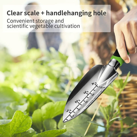 Three Piece Gardening Tool Set For Everyday Gardeners Heavy Duty Kit with marked stainless steel transplant trowel