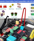 Four Piece Relay And Fuse Puller Set For Tight Spaces shown with various automotive fuses in a car fuse box