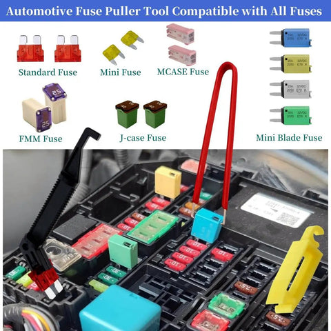Four Piece Relay And Fuse Puller Set For Tight Spaces shown with various automotive fuses in a car fuse box