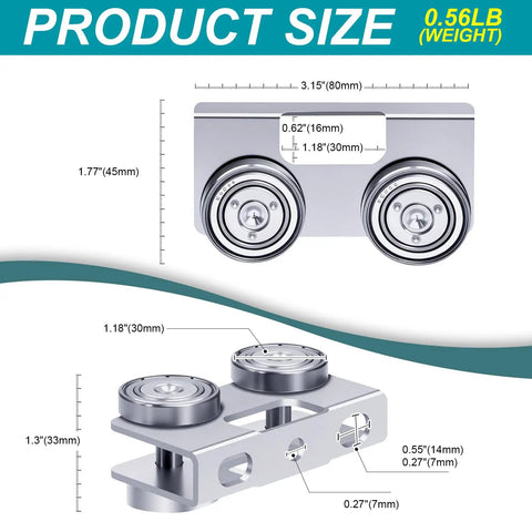 Premium 4 Wheel P2750 Electric Hoist Trolley Roller Assembly product size dimensions and weight 0.56lb with detailed measurements.