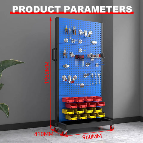 Heavy Duty Tool Organizer Rack With Two Pegboard Panels And Locking Casters Side Handle Four Tier Steel Shelving 20 Kg Per Shelf Capacity Ideal Garage Workshop Storage For Tools And Accessories showing dimensions
