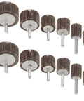 Solid 12 Piece Flap Wheel Drill Grinding Heads Pack for Polishing and Sanding Metal Surfaces with various sizes and durable shanks.